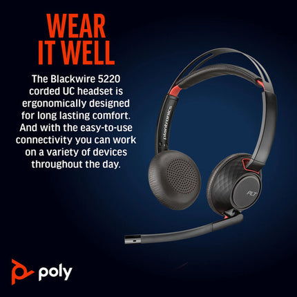 Poly Blackwire 5220 Auriculares Estéreo USB-C Con Micrófono Flexible Y Estuche