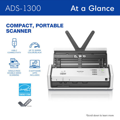 Brother ADS-1300 Escáner de Sobremesa Compacto Resolución 600x600dpi 20 Hojas USB 3.0