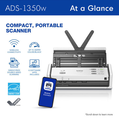 Brother ADS-1350W Escáner de Documentos Portátil Inalámbrico 600x600 dpi 60 ipm