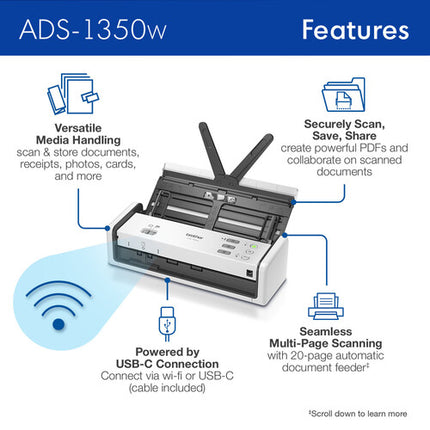 Brother ADS-1350W Escáner de Documentos Portátil Inalámbrico 600x600 dpi 60 ipm