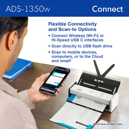 Brother ADS-1350W Escáner de Documentos Portátil Inalámbrico 600x600 dpi 60 ipm