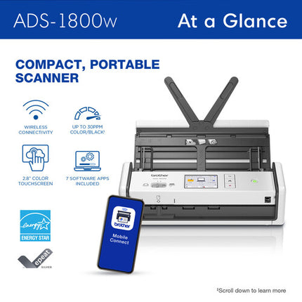 Brother ADS-1800W Escáner de Escritorio Compacto Inalámbrico 600x600 dpi 20 Hojas pantalla táctil color