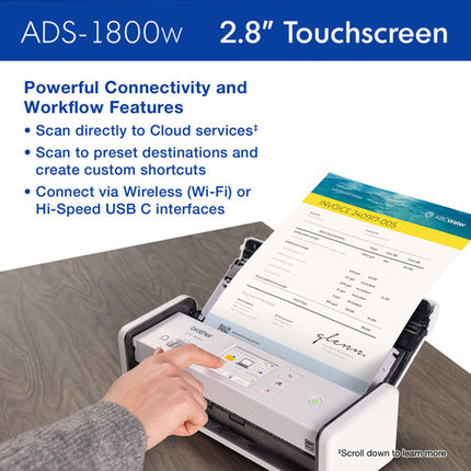 Brother ADS-1800W Escáner de Escritorio Compacto Inalámbrico 600x600 dpi 20 Hojas pantalla táctil color