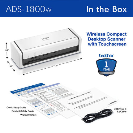 Brother ADS-1800W Escáner de Escritorio Compacto Inalámbrico 600x600 dpi 20 Hojas pantalla táctil color