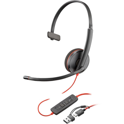 Poly Blackwire 3310 Auricular Mono USB-C con Micrófono Omnidireccional 280° y Adaptador USB-A