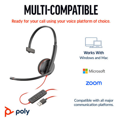 Poly Blackwire 3310 Auricular Mono USB-C con Micrófono Omnidireccional 280° y Adaptador USB-A