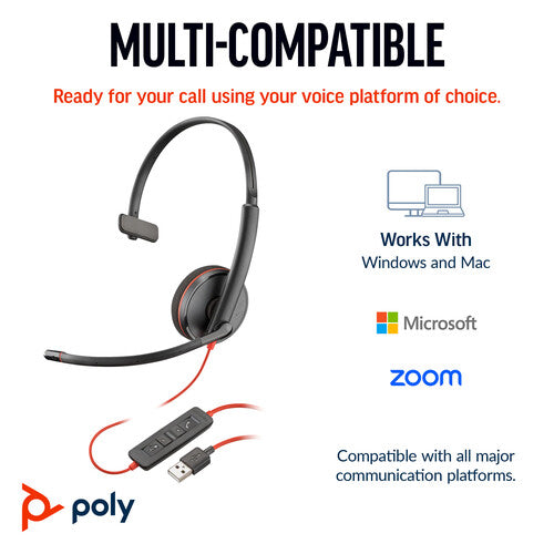 Poly Blackwire 3310 Auricular Mono USB-C con Micrófono Omnidireccional 280° y Adaptador USB-A