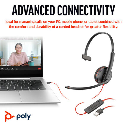 Poly Blackwire 3310 Auricular Mono USB-C con Micrófono Omnidireccional 280° y Adaptador USB-A