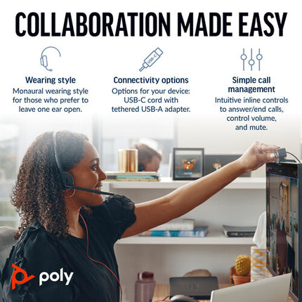 Poly Blackwire 3310 Auricular Mono USB-C con Micrófono Omnidireccional 280° y Adaptador USB-A
