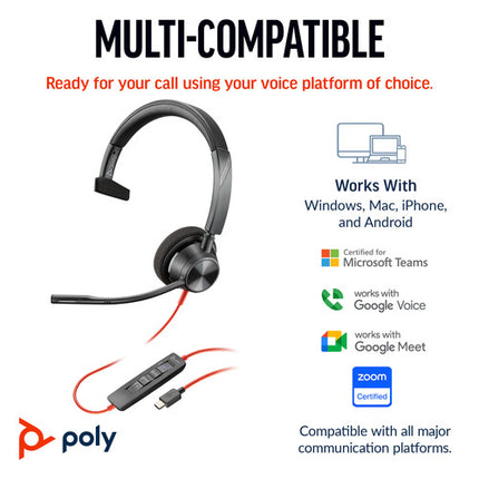 Poly Blackwire 3310 Mono Auricular USB-C con Micrófono Cancelación de Ruido y Adaptador USB-A