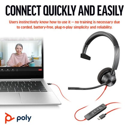 Poly Blackwire 3315 Auricular Mono USB-C con Micrófono Cancelación Ruido y Adaptador USB-A