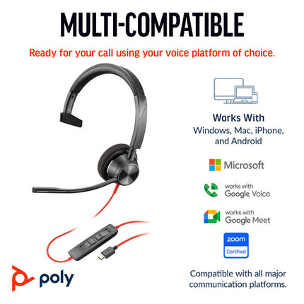 Poly Blackwire 3315 Auricular Mono USB-C con Micrófono Cancelación Ruido y Adaptador USB-A