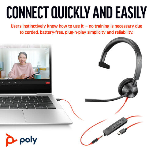 Poly Blackwire 3315 Auriculares Mono USB-C con micrófono cancelación ruido y adaptador USB-A