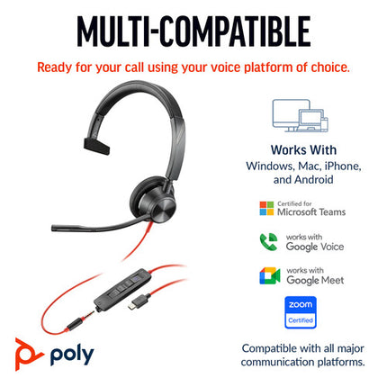 Poly Blackwire 3315 Auriculares Mono USB-C con micrófono cancelación ruido y adaptador USB-A