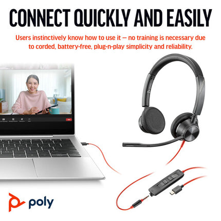 Poly Blackwire 3325 Auriculares Estéreo USB-C con Micrófono Omnidireccional y Adaptador USB-A