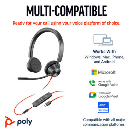 Poly Blackwire 3325 Auriculares Estéreo USB-C con Micrófono Omnidireccional y Adaptador USB-A