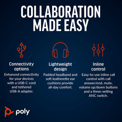 Poly Blackwire 8225 Auriculares Estéreo USB-C con ANC y Micrófono Giratorio 280°