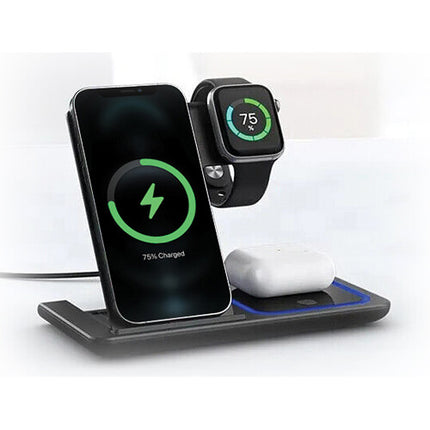 PowerPeak estación de carga inalámbrica plegable 3 en 1 15W con cargador y cable