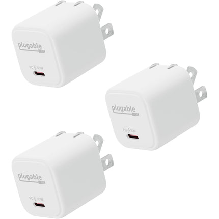 Plugable Cargador de Pared USB-C 30W GaN con 1 Puerto PD 3-Pack Blanco