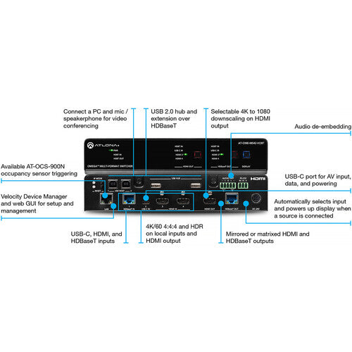 Atlona Omega 4x2 Switch de Matriz 4K con USB HDBaseT y Extensión 330'