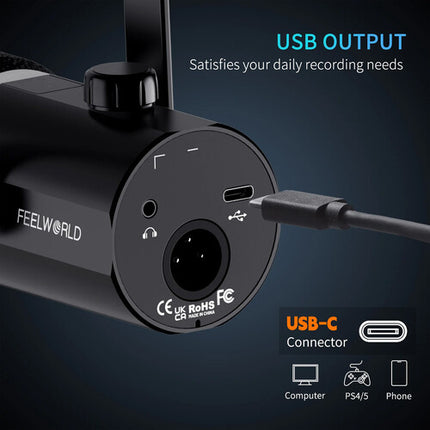 FeelWorld PM1-AS Micrófono Dinámico Cardioide XLR USB con Boom Arm 24Bit 96kHz