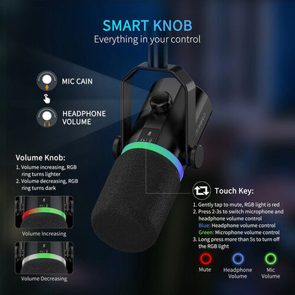 FeelWorld PM1-AS Micrófono Dinámico Cardioide XLR USB con Boom Arm 24Bit 96kHz
