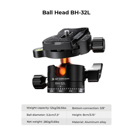 K&F Concept K255A7 Trípode de Aluminio con Cabezal BH-32L Capacidad 12kg Altura 60-233cm