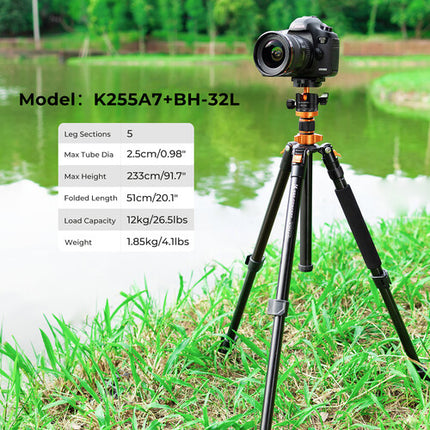 K&F Concept K255A7 Trípode de Aluminio con Cabezal BH-32L Capacidad 12kg Altura 60-233cm