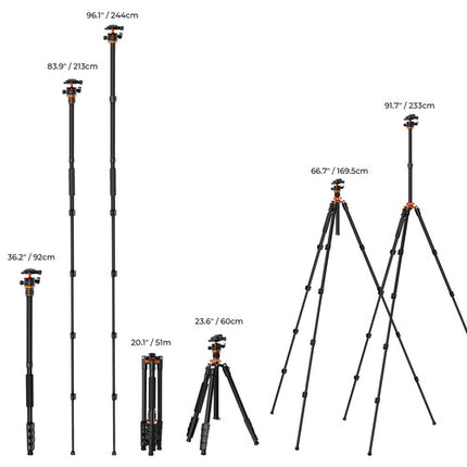 K&F Concept K255A7 Trípode de Aluminio con Cabezal BH-32L Capacidad 12kg Altura 60-233cm