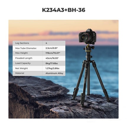 K&F Concept K234A3 Trípode de Magnesio para Viaje con Rango de Altura 21.7 a 70.1 Pulgadas y Soporte para Teléfono