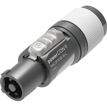 Neutrik NAC3FXXB-W-L conector de energía powerCON bloqueable gris sistema Twist-Lock y protección circuitos