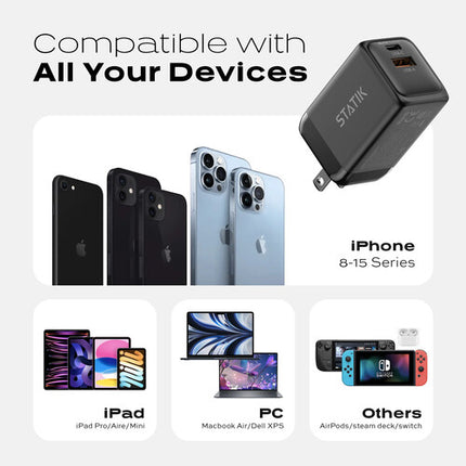 Statik 48W Cargador de Viaje USB GaN 2 Puertos 45W USB-C 18W USB-A