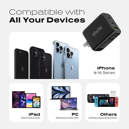 Statik 65W GaN Cargador de Pared USB 3 Puertos con 1 USB A 2 USB C Plegable