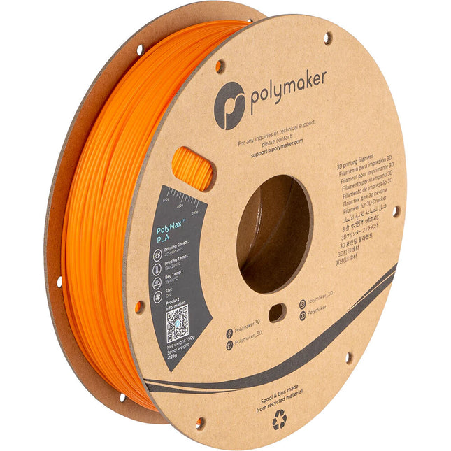 Polymaker PolyMax PLA Filamento 1.75mm 750g Naranja Temperatura 374-446°F Velocidad 40-60mm/s