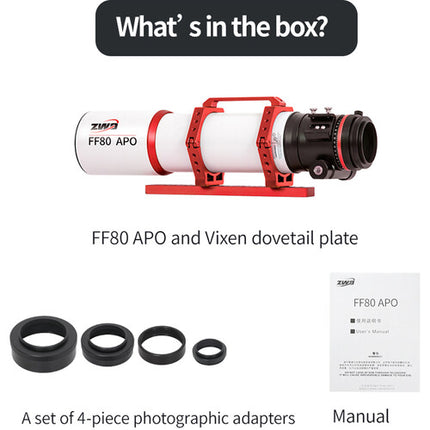 ZWO FF80 APO Telescopio Astronómico Refractor 80mm 600mm f7.5 OTA