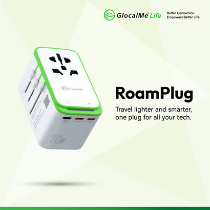 GlocalMe RoamPlug Adaptador de Viaje con Wi-Fi 6 y 70W USB Power