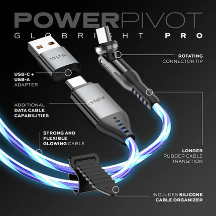 Statik PowerPivot GloBright Pro Cable de carga USB-C 6.6 pies 480 Mb/s con organizador de silicona