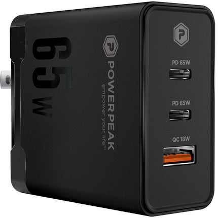 PowerPeak 65W Cargador de Pared USB GaN 3 Puertos con Cable 6'