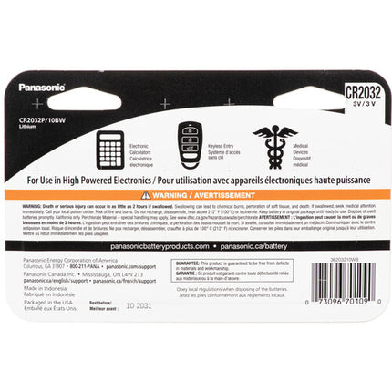 Batería de Litio Panasonic CR2032 3V Paquete de 10 Pilas Seguras para Niños