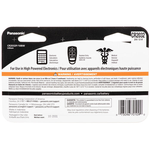 Batería de Litio Panasonic CR2032 3V Paquete de 10 Pilas Seguras para Niños