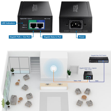 TRENDnet TPE-117GI Inyector PoE+ Gigabit 15.4W 60W 2Gbps Metal