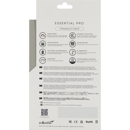 Exascend 512GB Essential Pro CFexpress 4.0 Tipo B Tarjeta de Memoria 3750 MB/s Lectura 3350 MB/s Escritura