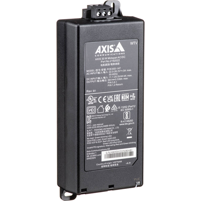 Axis Communications Midspan AC DC 30W Puerto Único 56 VDC 1000 Mb/s