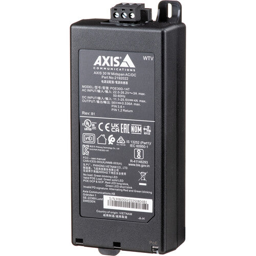 Axis Communications Midspan AC DC 30W Puerto Único 56 VDC 1000 Mb/s