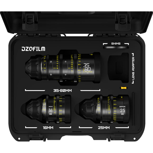 DZOFilm Y24 Kit de lentes cine Catta Ace 35-80mm T2.9 VESPID 16mm T2.8 25mm T2.1 PL ARRI