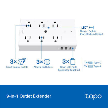 TP-Link Tapo P306 Extensor de Enchufes Inteligente Wi-Fi 9 en 1 con 3 USB y Luz Nocturna