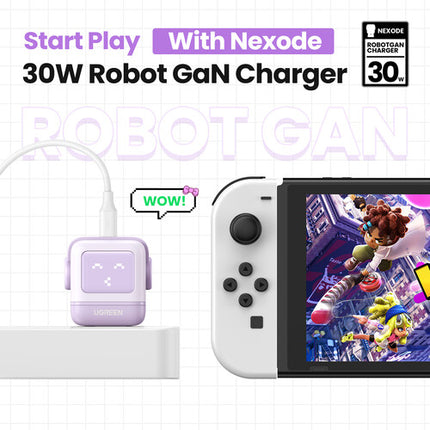 UGREEN Uno cargador USB-C 30W diseño robot púrpura con pantalla LED