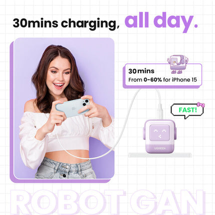 UGREEN Uno cargador USB-C 30W diseño robot púrpura con pantalla LED