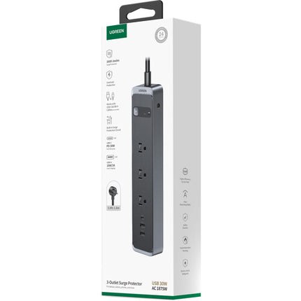 UGREEN Protector de Sobretensión 3 Enchufes 1600 Julios 30W USB PD
