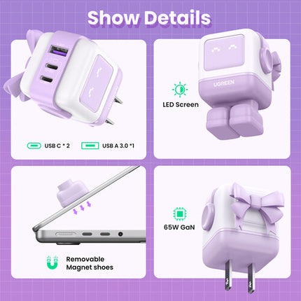 UGREEN Uno Cargador USB 65W 3 Puertos con Pantalla LED y Protección